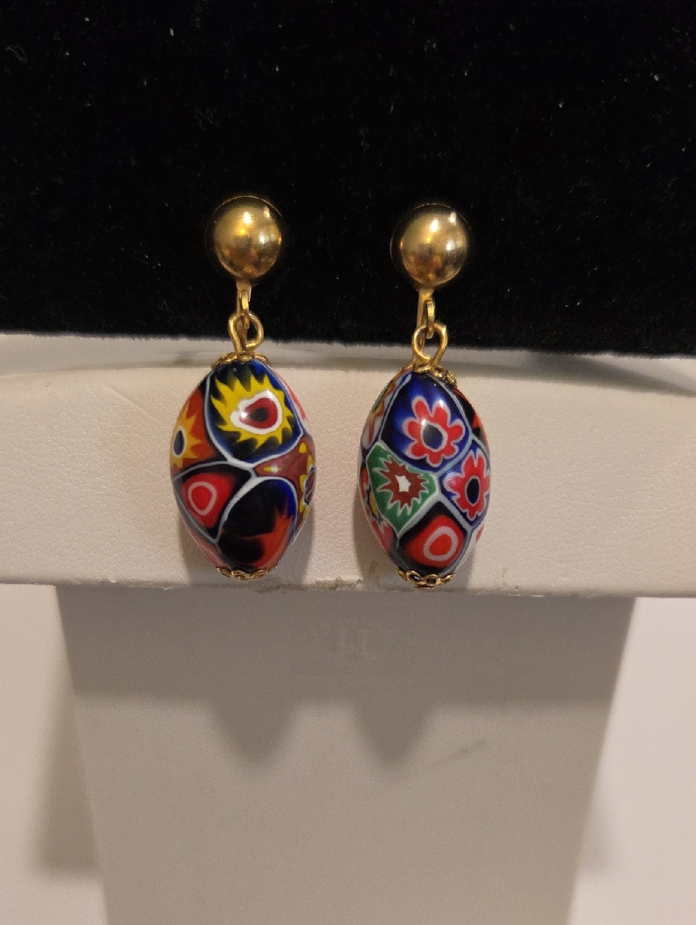 Multicolor Millefiori Glass Drop Earrings with Gold-tone Screw Backs